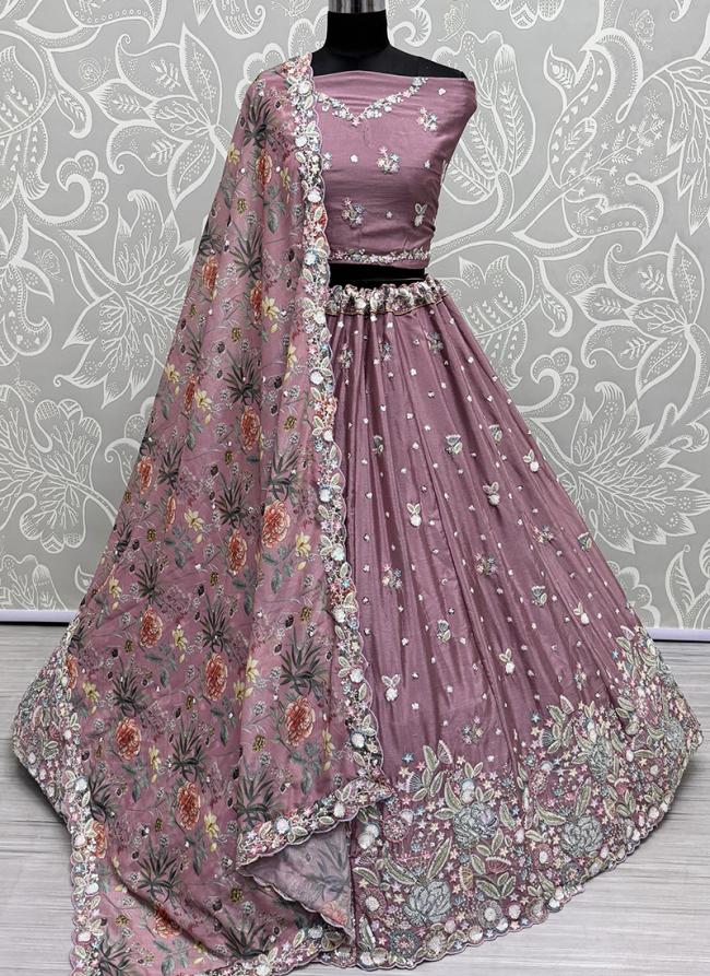 Chinnon Pink Wedding Wear Embroidery Work Lehenga Choli